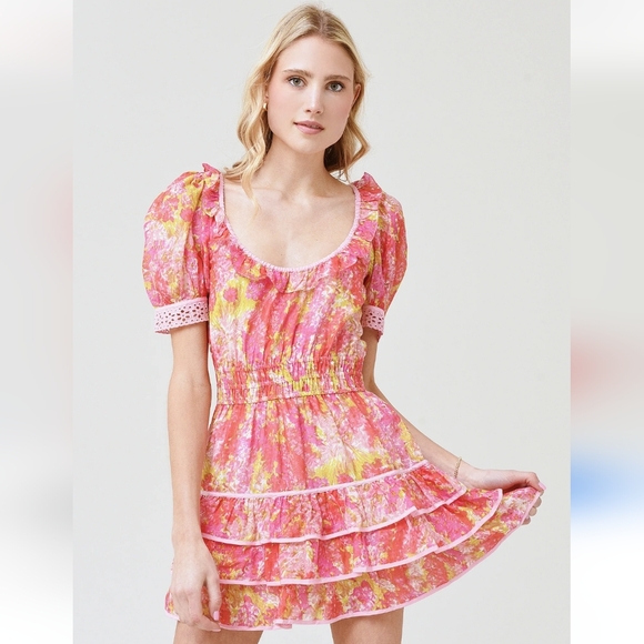 LoveShackFancy Safiya Ruffled Mousseline Mini Dress Swaying Coral - Picture 1 of 16